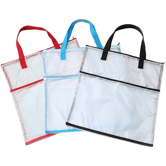 3-Pack Jumbo Mesh Project Bags, 16 Inch Clear PVC Tote with Handles, Large Capacity Organizer for Crafts, Toys, Laundry, Travel, Red Blue Black