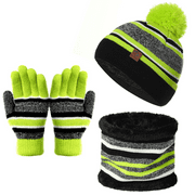 QXWREL 3 Pcs Kids Beanie Hats Winter Gloves Winter Scarf Set, Boys Girls Knit Winter Hat Scarf Gloves Set, Winter Warm Knitted Set with Fleece Lining for Autumn & Winter, Green