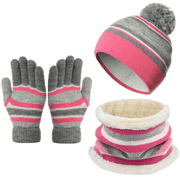 QXWREL 3 Pcs Kids Beanie Hats Winter Gloves Winter Scarf Set, Boys Girls Knit Winter Hat Scarf Gloves Set, Winter Warm Knitted Set with Fleece Lining for Autumn & Winter, Pink