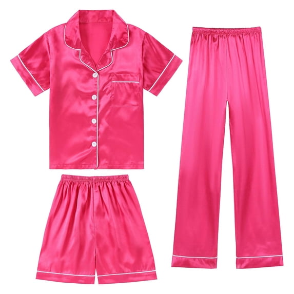 3 Pcs Kids Girls Silk Pjs Set Short Sleeve Button Down Loungewear Comfy Kids Pjs Size 8-9 Years