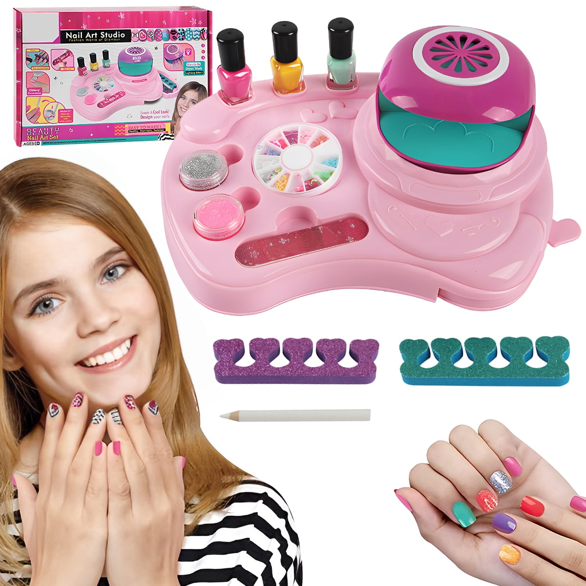 3 Pcs Kids Nail Spa Set with Nail Dryer Peelable Nail Polish Finger Separators Sticky Nail Gems
