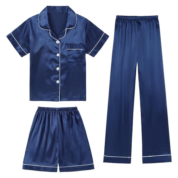3 Pcs Kids Satin Pajama Set Short Sleeve Button Down Nightgown Comfy Girls Pajama Set Size 4-5 Years