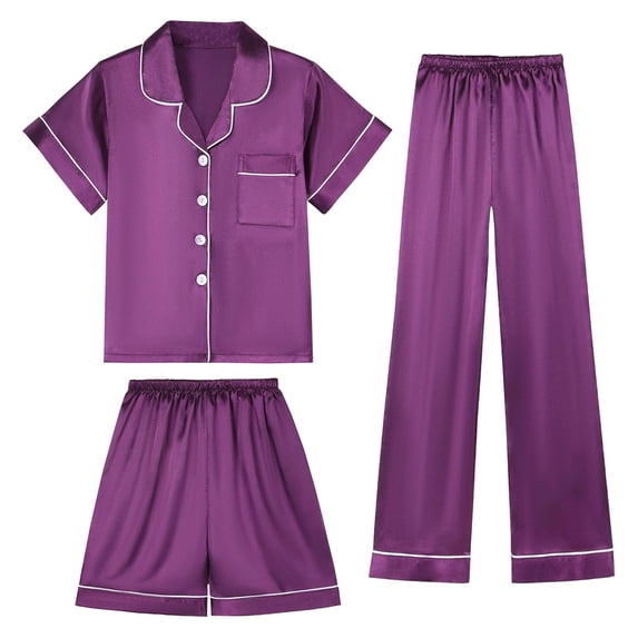 3 Pcs Kids Silk Pajamas Set Short Sleeve Button Down Nightgowns Comfortable Girl Pajamas Size 6-7 Years