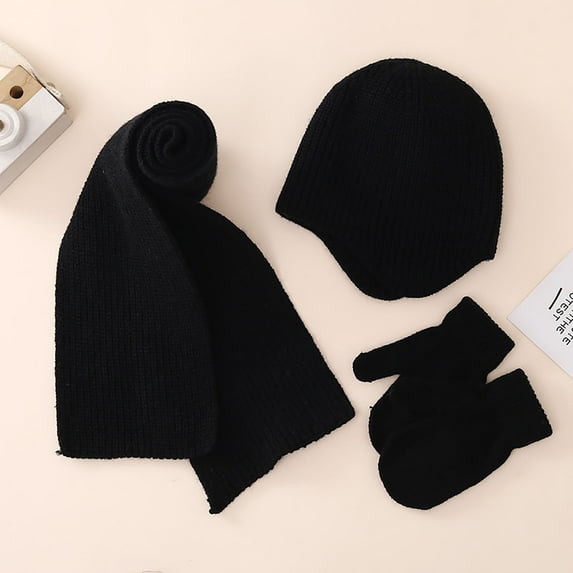 3 Pcs Kids Toddlers Winter Hat Scarf Gloves Set Boys Girls Solid Color Winter Knit Thick Warm Soft Fleece Lined Hat Scarf Mittens Set Fleece Lined Black 3-18M