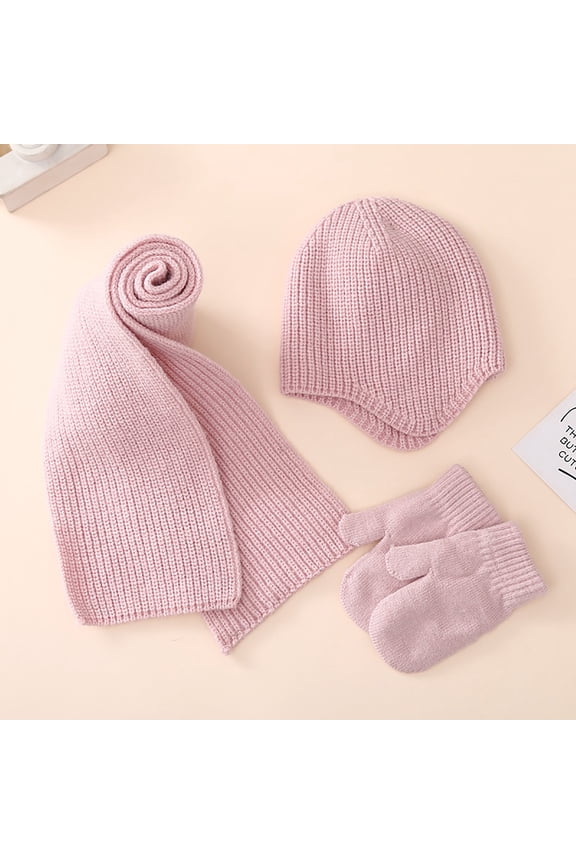 3 Pcs Kids Toddlers Winter Hat Scarf Gloves Set Boys Girls Solid Color Winter Knit Thick Warm Soft Fleece Lined Hat Scarf Mittens Set Fleece Lined Pink 3-18M
