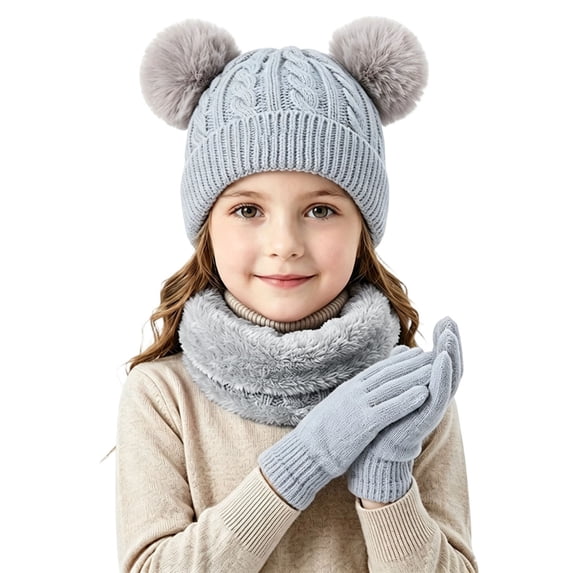 3 Pcs Kids Winter Beanie Hat Scarf Gloves Set Boys Girls Knit Thick Warm Fleece Lined Sets for Outdoor Play Ski Wear Gray 2-10 Years