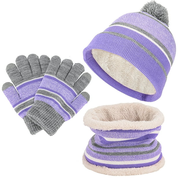 3 Pcs Kids Winter Gloves Hat Scarf , Kids Winter Knitted Set Thick