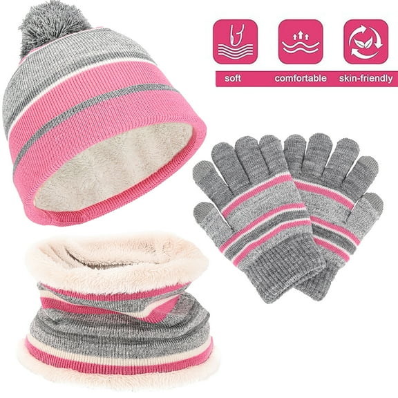 3 Pcs Kids Winter Gloves Hat Scarf, Toddlers Winter Knitted Set Thick Woolen Lining Cuffed Knitted Hat Circle Scarf Full Finger Gloves for Boys Girls