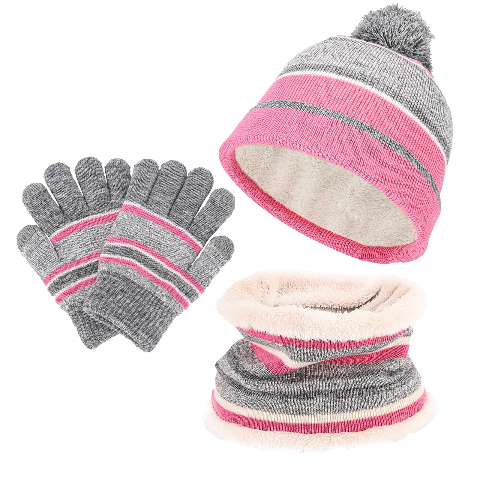 3 Pcs Kids Winter Gloves Hat Scarf , Kids Winter Knitted Set Thick