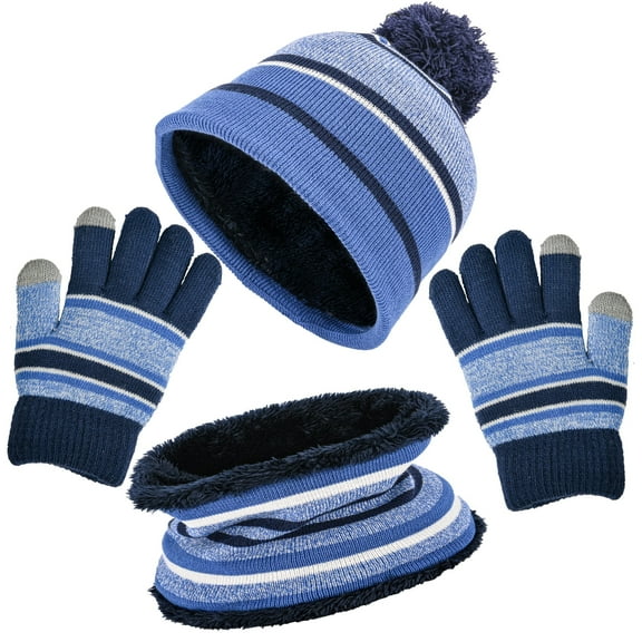 3 Pcs Kids Winter Gloves Hat Scarf Mitten , Unisex Kids Winter Knitted Set Thick Woolen Lining Cuffed Knitted Hat Circle Scarf Full Finger Gloves for Boys Girls