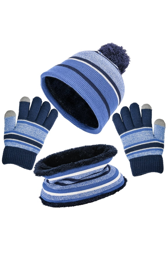 3 Pcs Kids Winter Gloves Hat Scarf Mitten , Unisex Kids Winter Knitted Set Thick Woolen Lining Cuffed Knitted Hat Circle Scarf Full Finger Gloves for Boys Girls