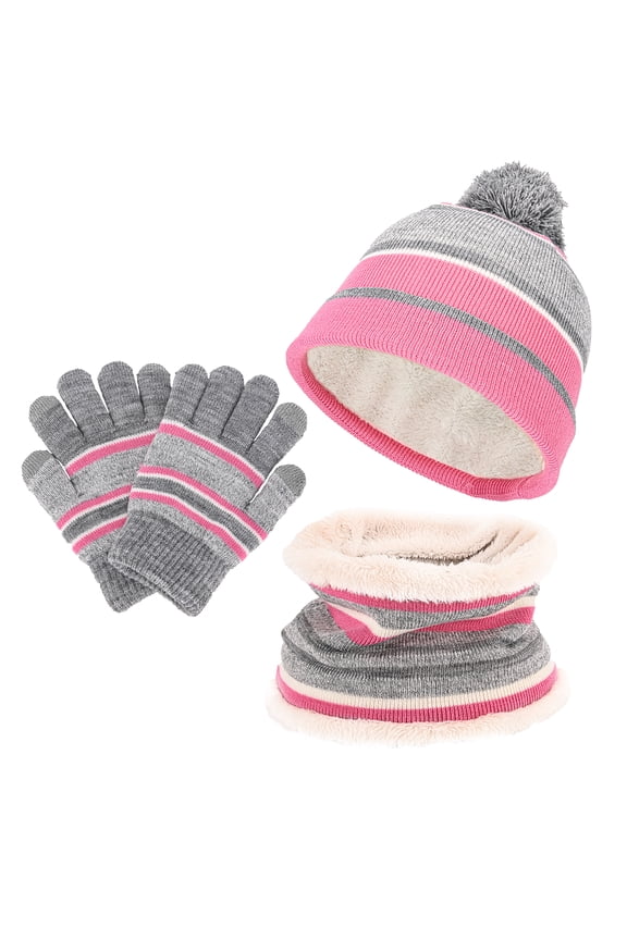 3 Pcs Kids Winter Gloves Hat Scarf Mitten , Unisex Kids Winter Knitted Set Thick Woolen Lining Cuffed Knitted Hat Circle Scarf Full Finger Gloves for Boys Girls - Pink