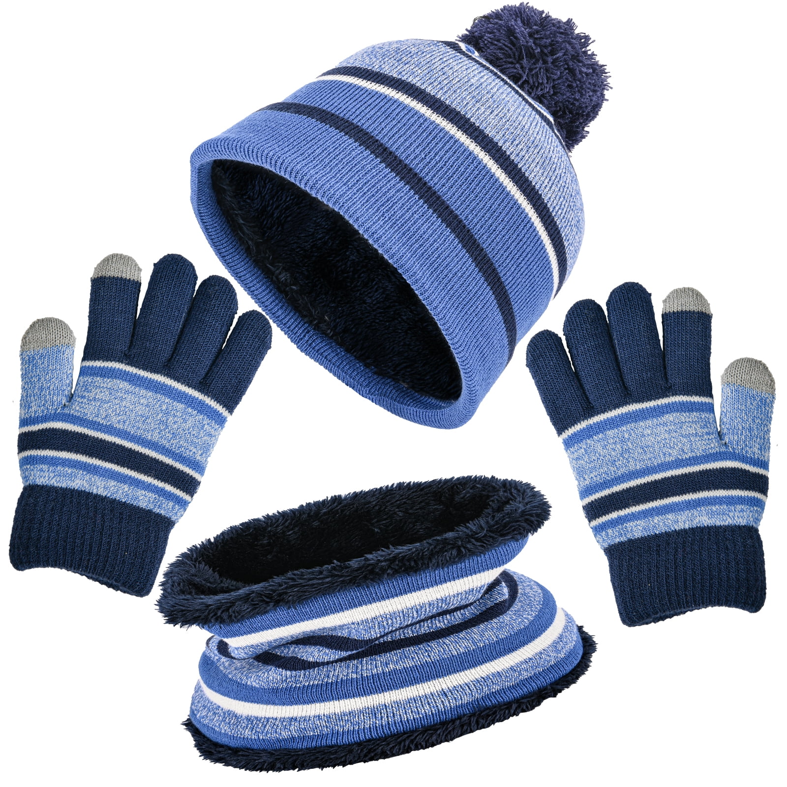 3 Pcs Kids Winter Gloves Hat Scarf , Unisex Kids Winter Knitted Set