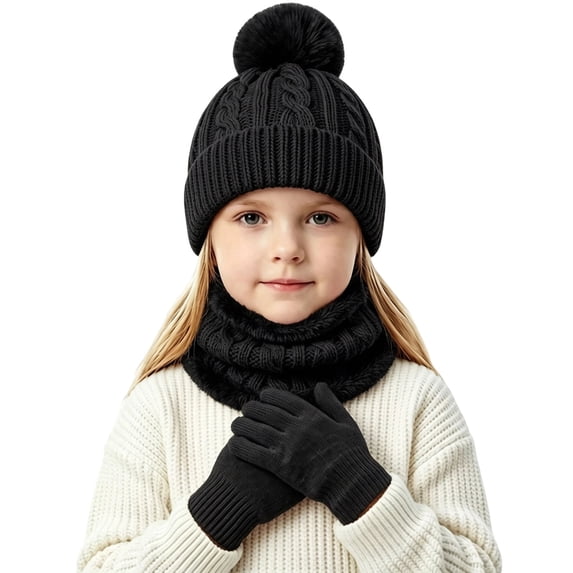 3 Pcs Kids Winter Hat Scarf Gloves Set Boys Girls Knit Fleece Lined Thick Thermal Sets for Outdoor Play Ski Wear Black 2-10 Years