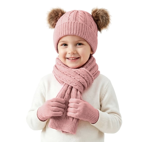 3 Pcs Kids Winter Hat Scarf Gloves Set Boys Girls Knit Pompom Beanie Double Layer Scarf Thick Thermal Ski Sets Watermelon Red 3-12 Years