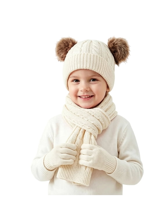3 Pcs Kids Winter Hat Scarf Gloves Set Boys Girls Knit Pompom Beanie Double Layer Scarf Thick Thermal Ski Sets White 3-12 Years