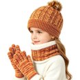thumbnail image 1 of 3 Pcs Kids Winter Hat Scarf Gloves Set Boys Girls Knit Pompom Beanie Fleece Lined Neck Warmer Thick Thermal Ski Sets Yellow 2-10 Years, 1 of 5