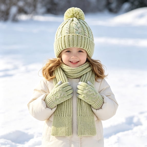 3 Pcs Kids Winter Hat Scarf Gloves Set Knit Pompom Beanie with Earmuffs Double Layer Scarf Touchscreen Gloves Toddler Thick Thermal Sets Green 2-10 Years