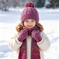 thumbnail image 1 of 3 Pcs Kids Winter Hat Scarf Gloves Set Knit Pompom Beanie with Earmuffs Double Layer Scarf Touchscreen Gloves Toddler Thick Thermal Sets Hot Pink 2-10 Years, 1 of 6