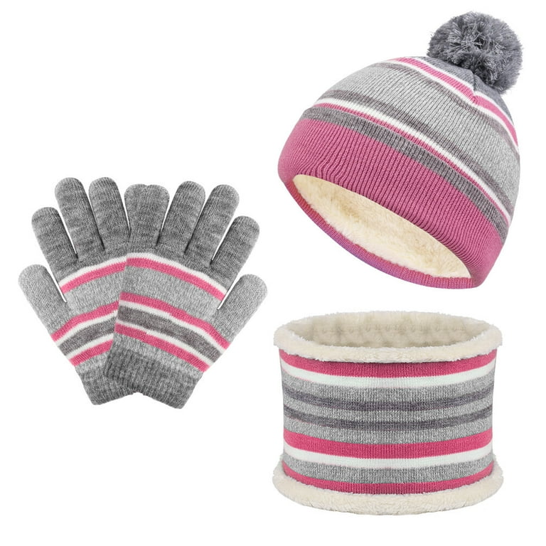 3 Pcs Kids Winter Hat Scarf Mittens Set - Warm Knit Beanie Cap & Circle  Scarf & Gloves with Fleece Lining for Children Girls & Boys 3 - 6 Y