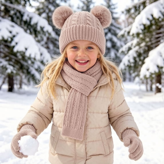 3 Pcs Kids Winter Knit Hat Scarf Gloves Set for Boys Girls Pompom Beanie Thick Thermal Sets for Outdoor Ski Wear Khaki 3-12 Years