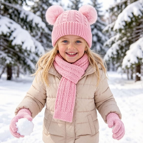 3 Pcs Kids Winter Knit Hat Scarf Gloves Set for Boys Girls Pompom Beanie Thick Thermal Sets for Outdoor Ski Wear Pink 3-12 Years