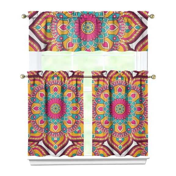 3 Pcs Kitchen Curtains Set - Mandala Ethnic Tribal Boho Valance & Tier Curtains, 54x18 + 2x27.5x36 Inch, Semi-Sheer Rod Pocket Window Treatments