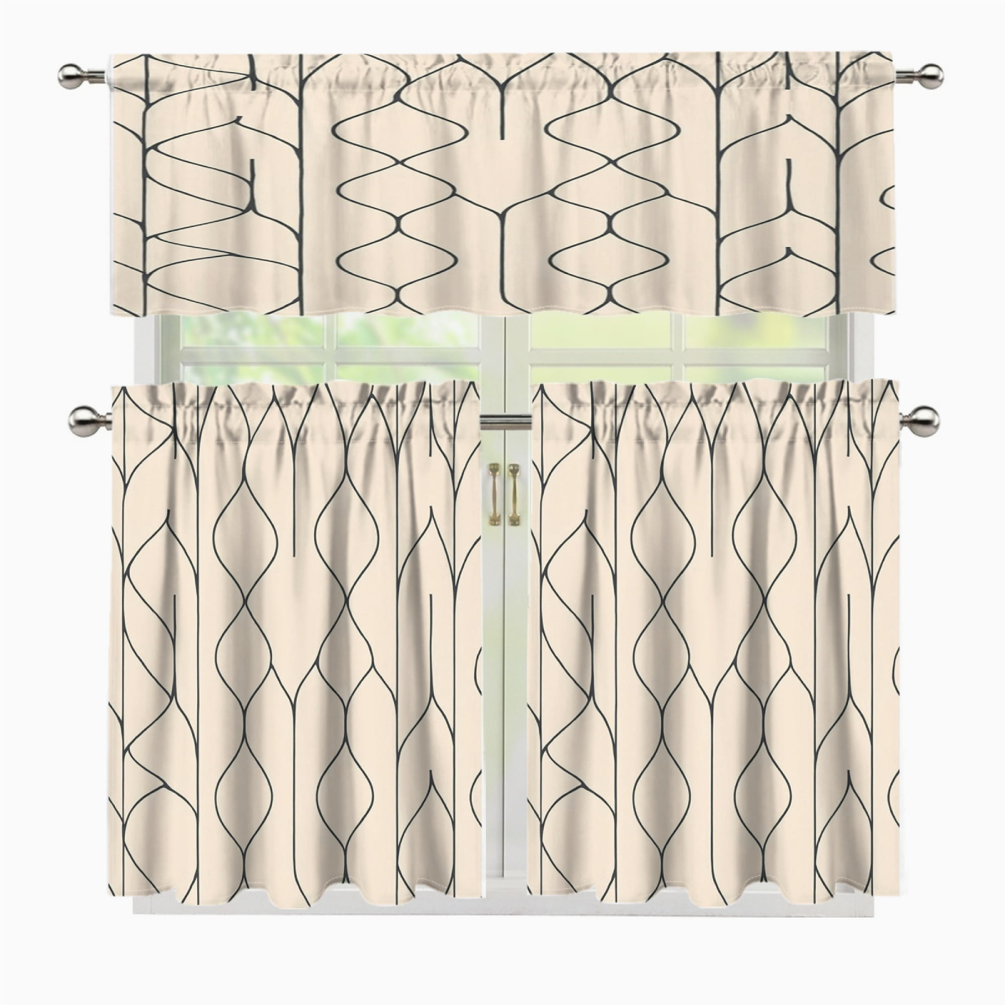 3 Pcs Kitchen Curtains Valance and Tiers Set Beige background dark ...