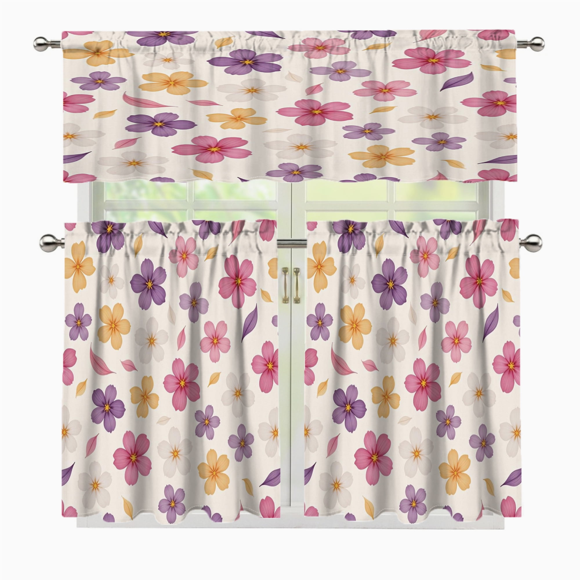 3 Pcs Kitchen Curtains Valance and Tiers Set Colorful Floral Pattern ...