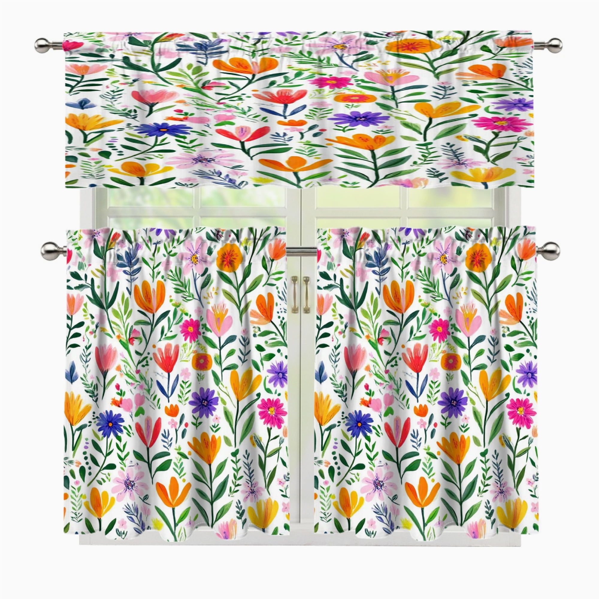 3 Pcs Kitchen Curtains Valance and Tiers Set Colorful floral white ...