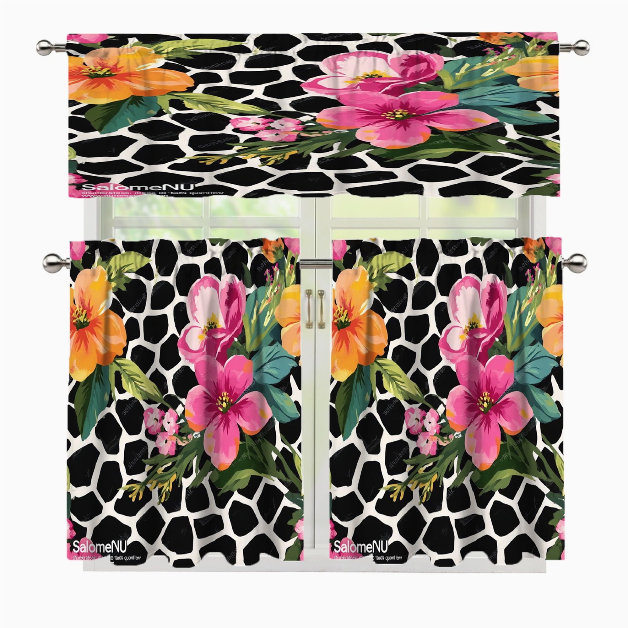 3 Pcs Kitchen Curtains Valance and Tiers Set Floral pattern black white ...