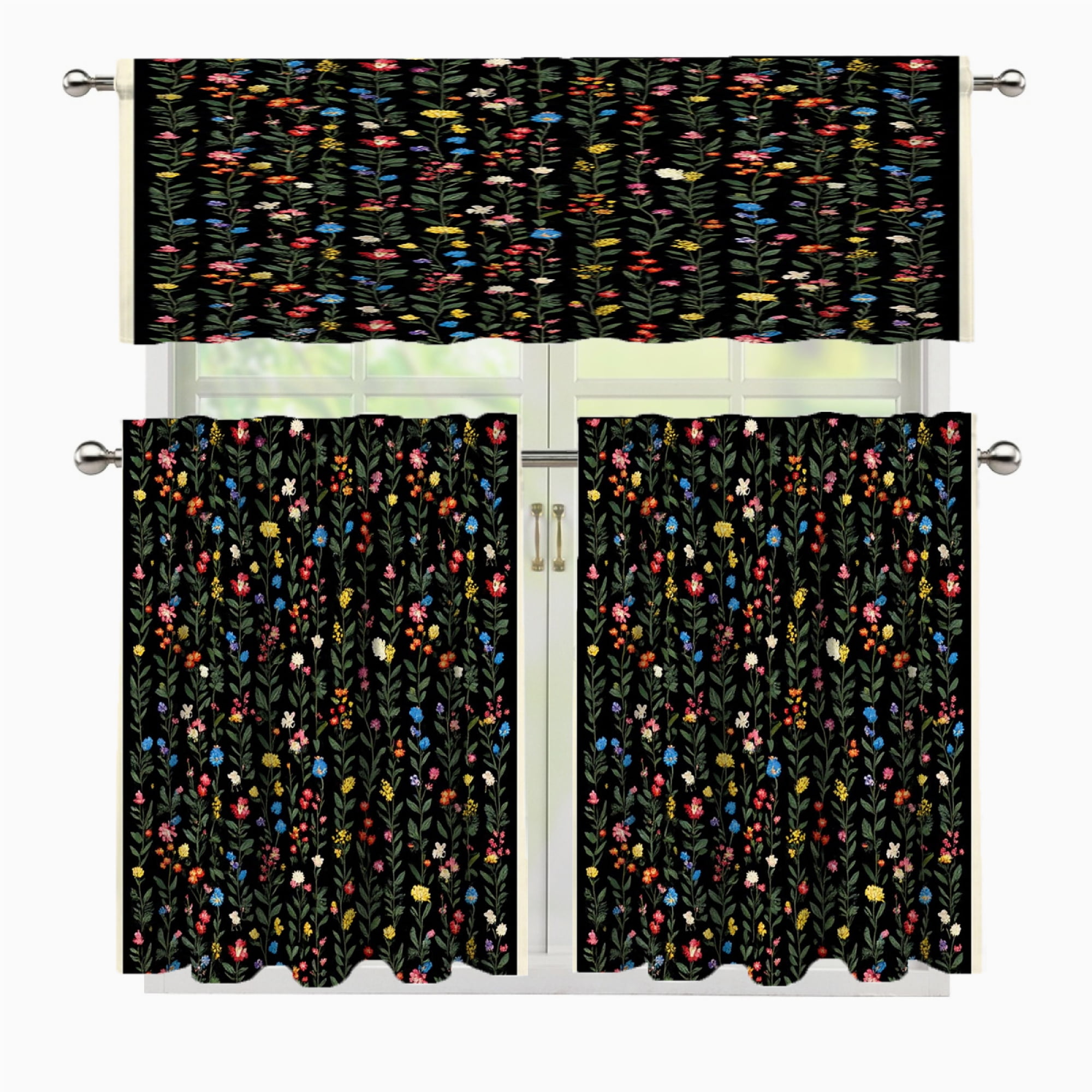 3 Pcs Kitchen Curtains Valance and Tiers Set Floral pattern dark ...