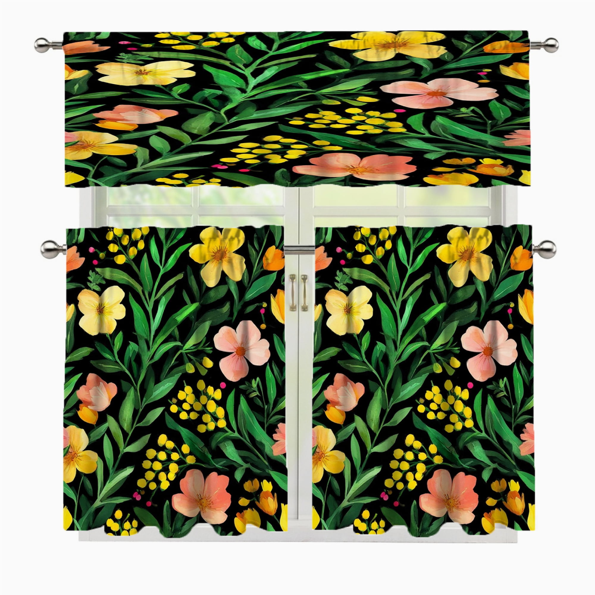 3 Pcs Kitchen Curtains Valance and Tiers Set Floral pattern dark ...