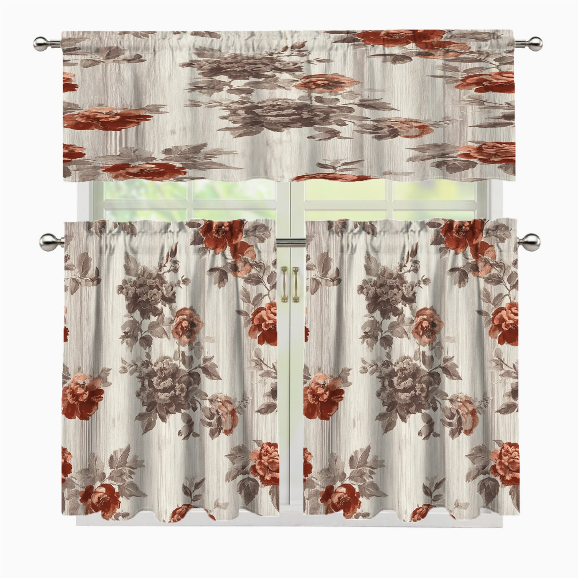 3 Pcs Kitchen Curtains Valance and Tiers Set Floral wood background ...