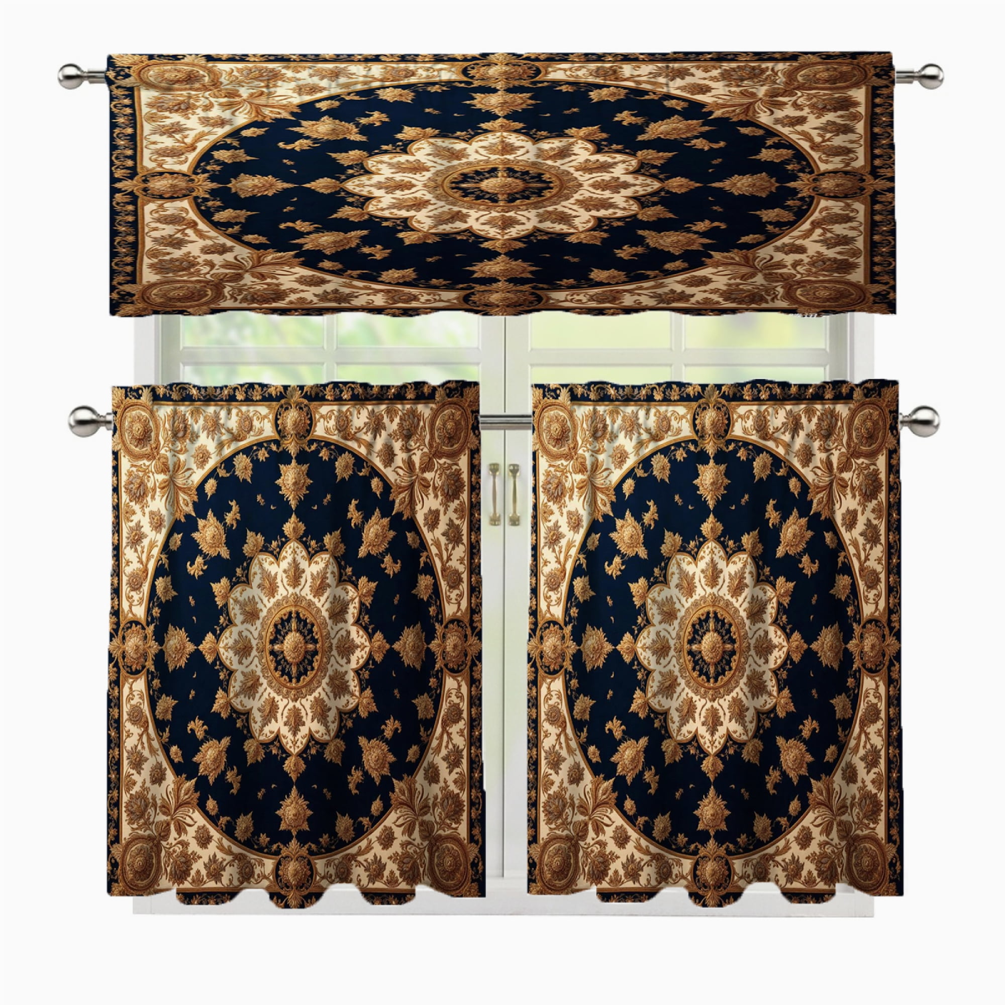 3 Pcs Kitchen Curtains Valance and Tiers Set Gold Floral Pattern on ...