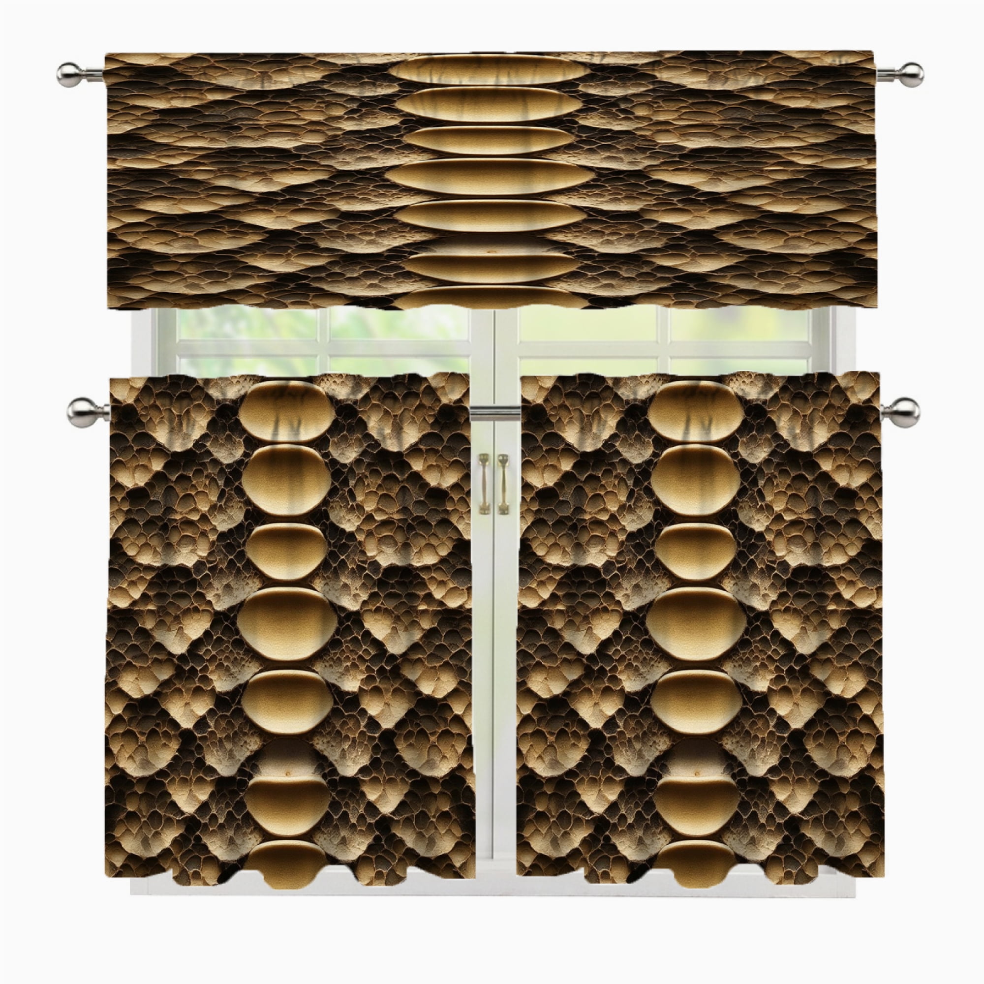 3 Pcs Kitchen Curtains Valance and Tiers Set Golden snakeskin textured ...