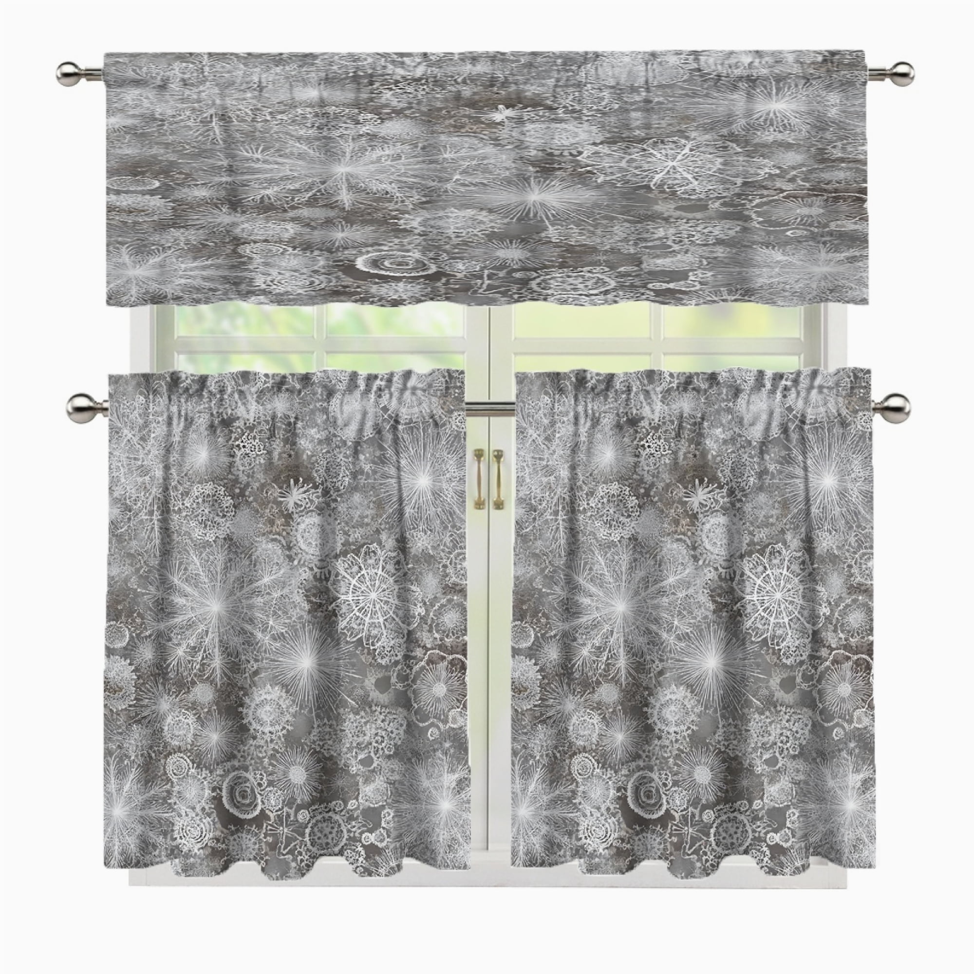 3 Pcs Kitchen Curtains Valance and Tiers Set Grey background white ...