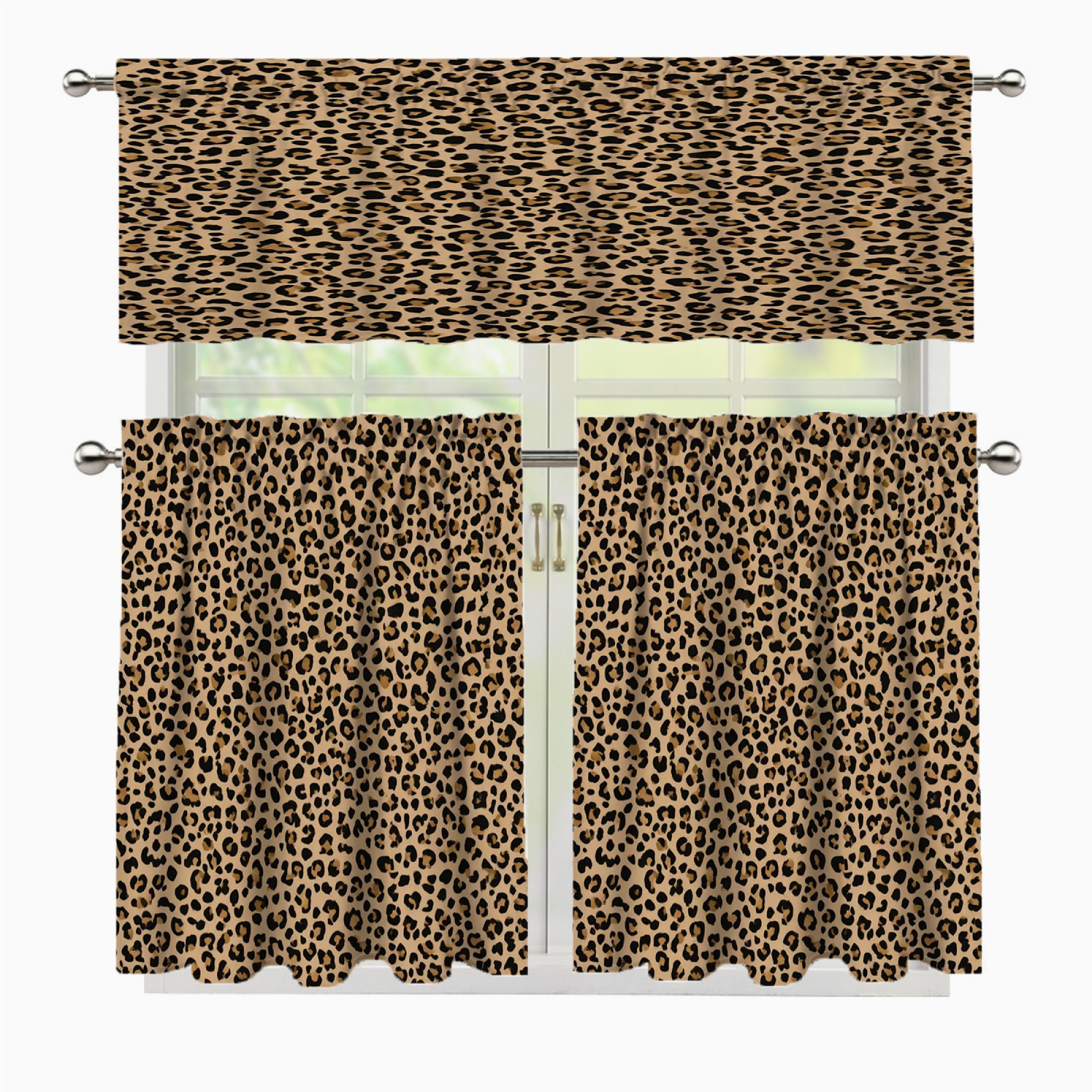 3 Pcs Kitchen Curtains Valance and Tiers Set Leopard print seamless ...