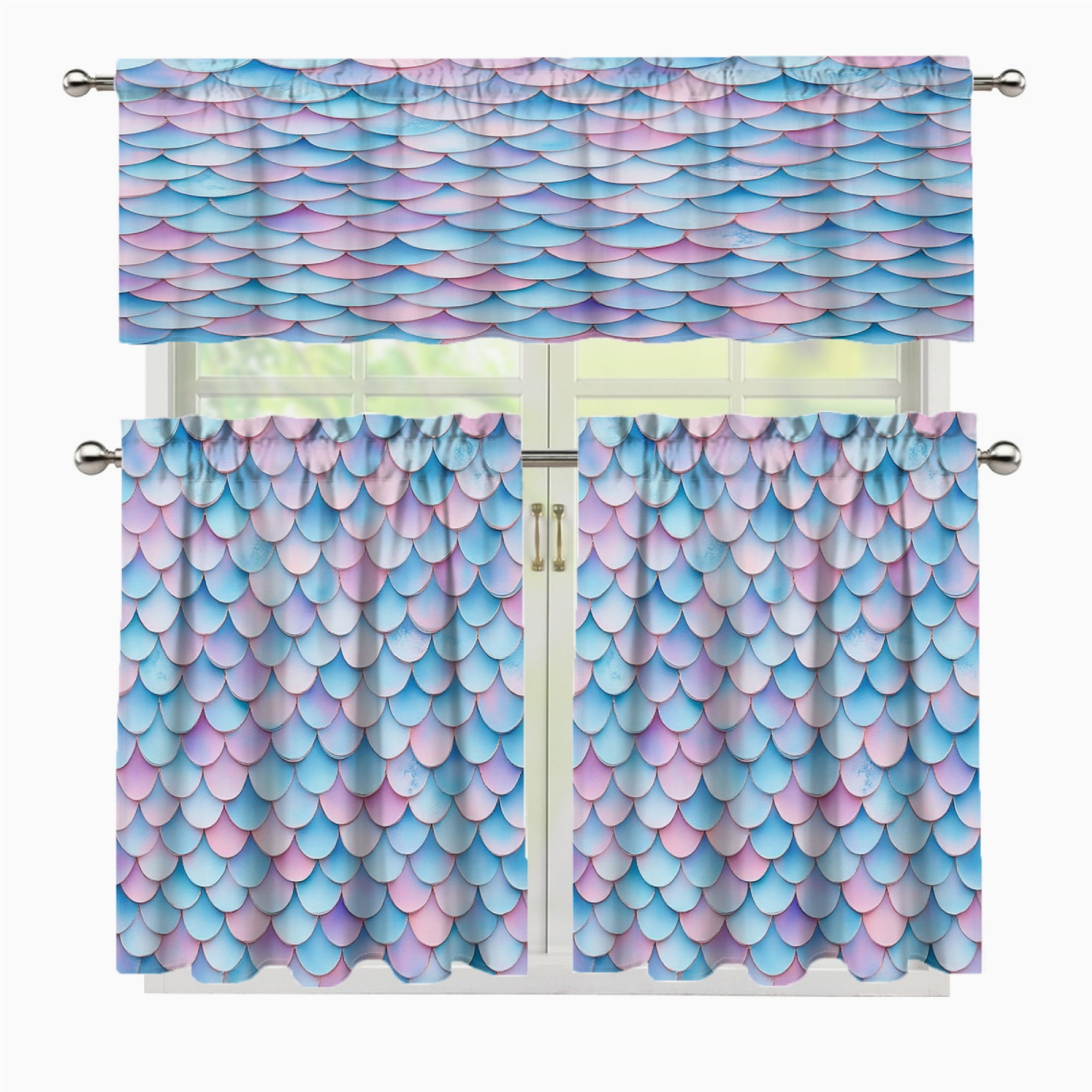 3 Pcs Kitchen Curtains Valance and Tiers Set Mermaid Scale Pattern ...