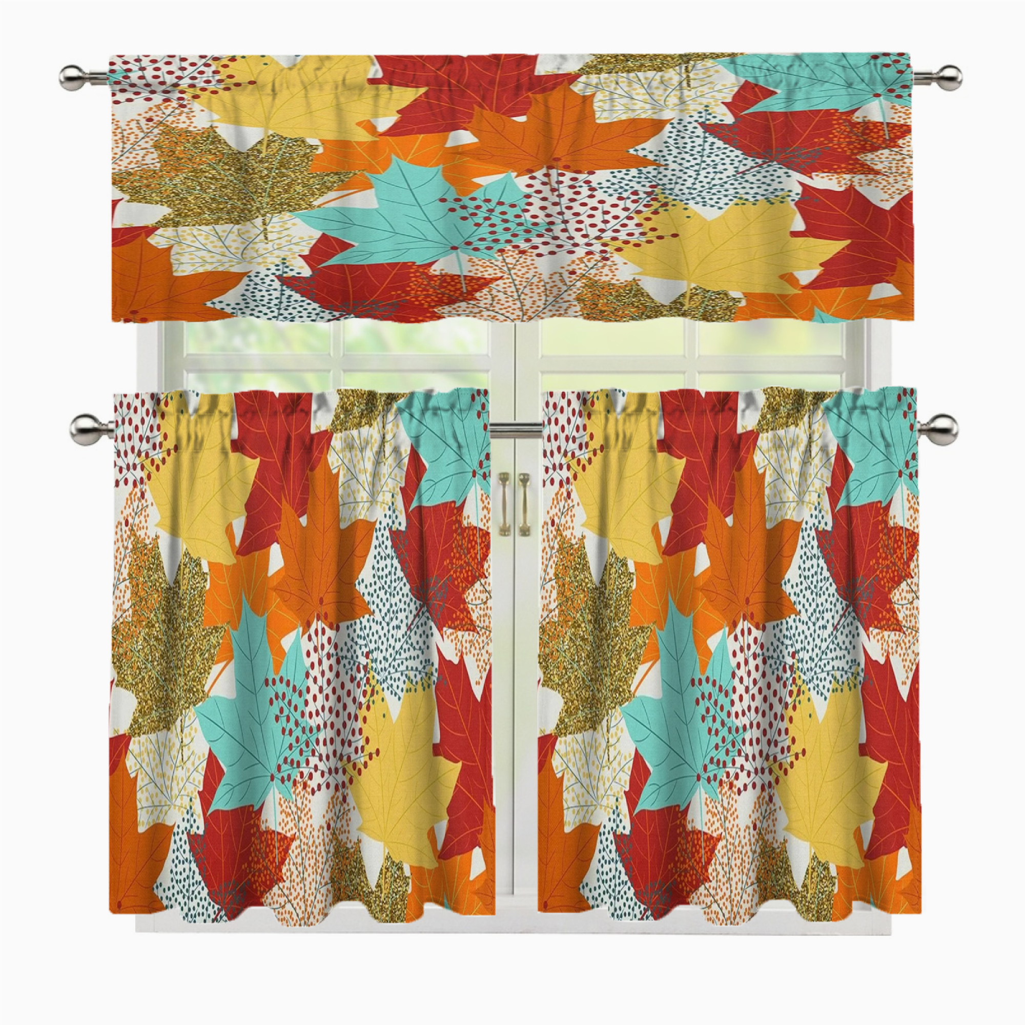 3-Piece Kitchen Curtain Set – 2 Tiers (29x24) & 1 Valance (54x14), Colorful Leaves & Flowers