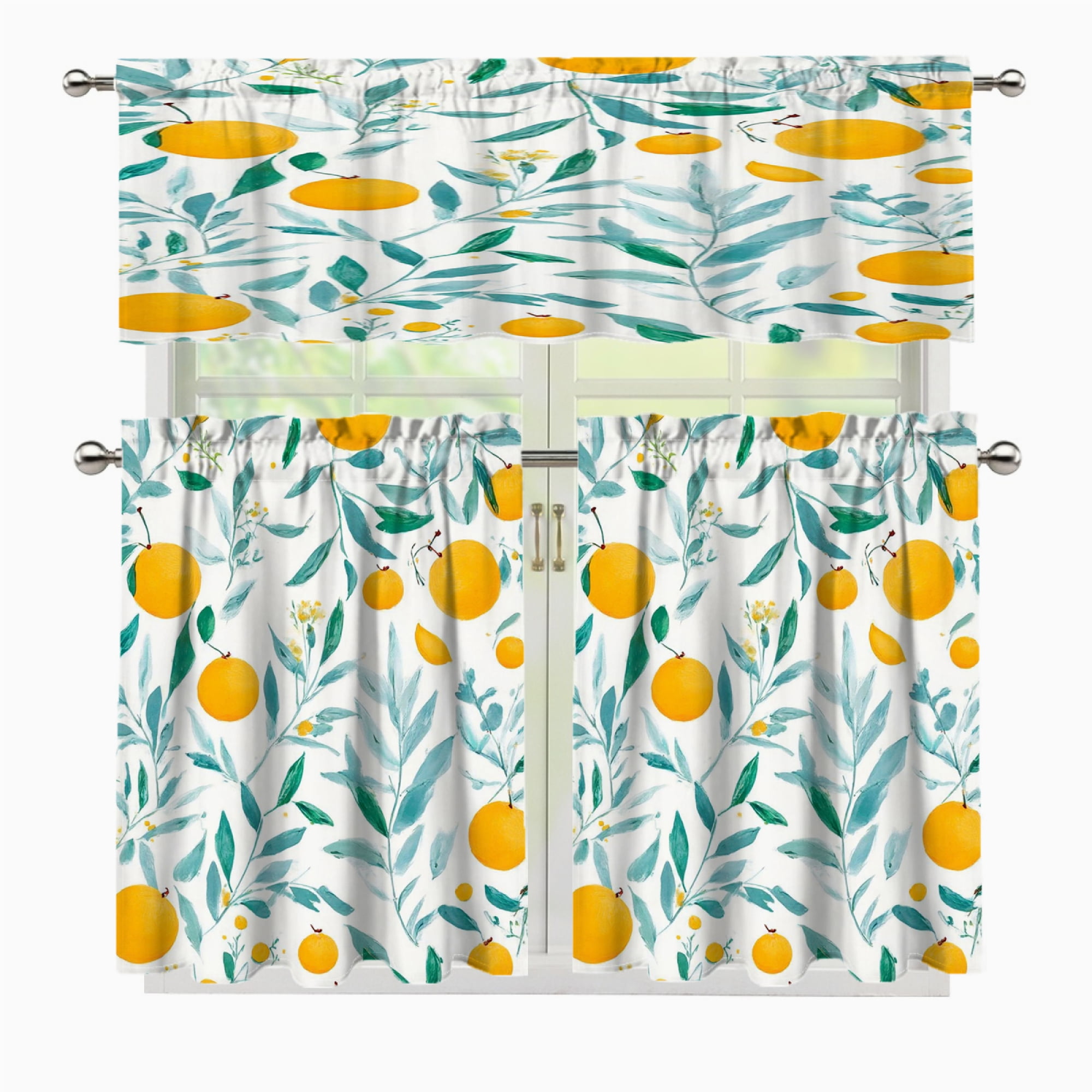 3 Pcs Kitchen Curtains Valance and Tiers Set Oranges leaves white ...
