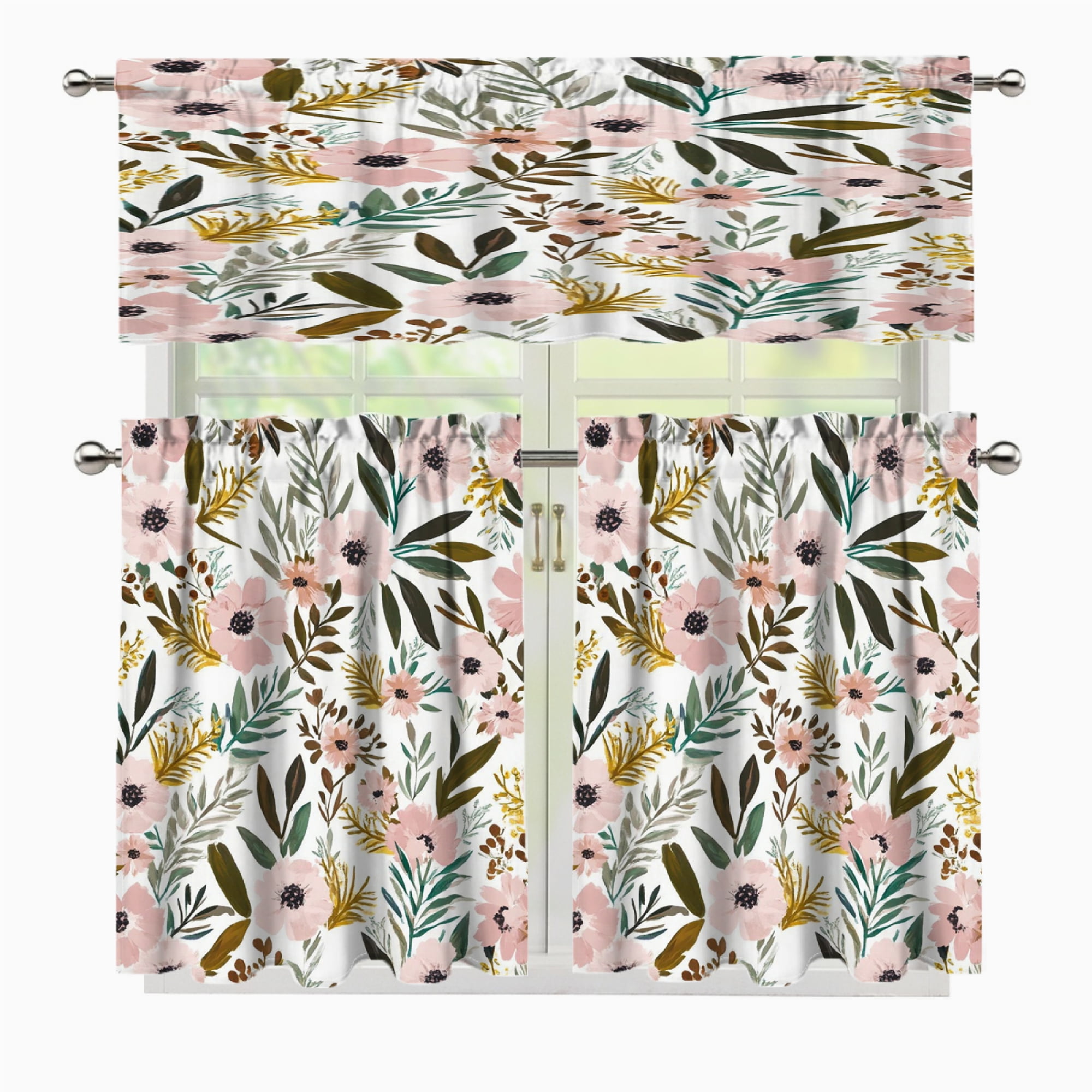 3 Pcs Kitchen Curtains Valance and Tiers Set Pink floral white ...