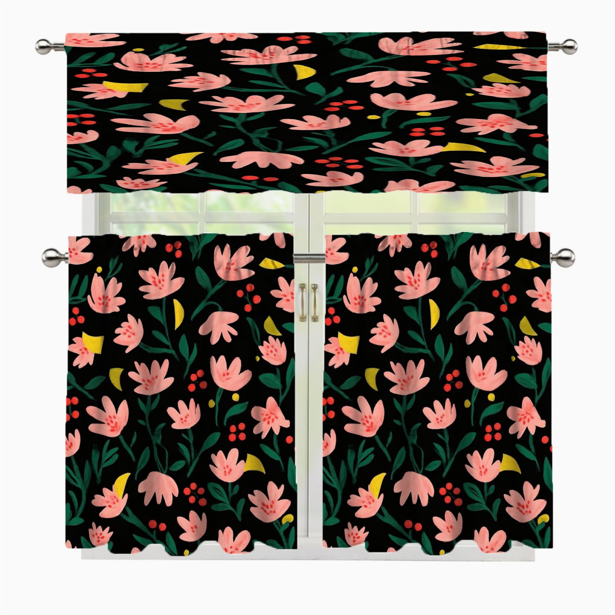 3 Pcs Kitchen Curtains Valance and Tiers Set Pink flowers dark ...