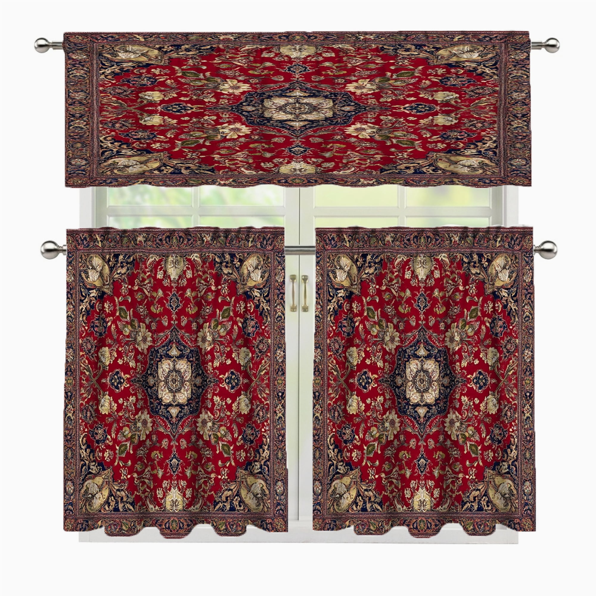 Curtain Rug 3 Pcs Kitchen Curtains Valance and Tiers Set Red Floral Persian Rug For ...