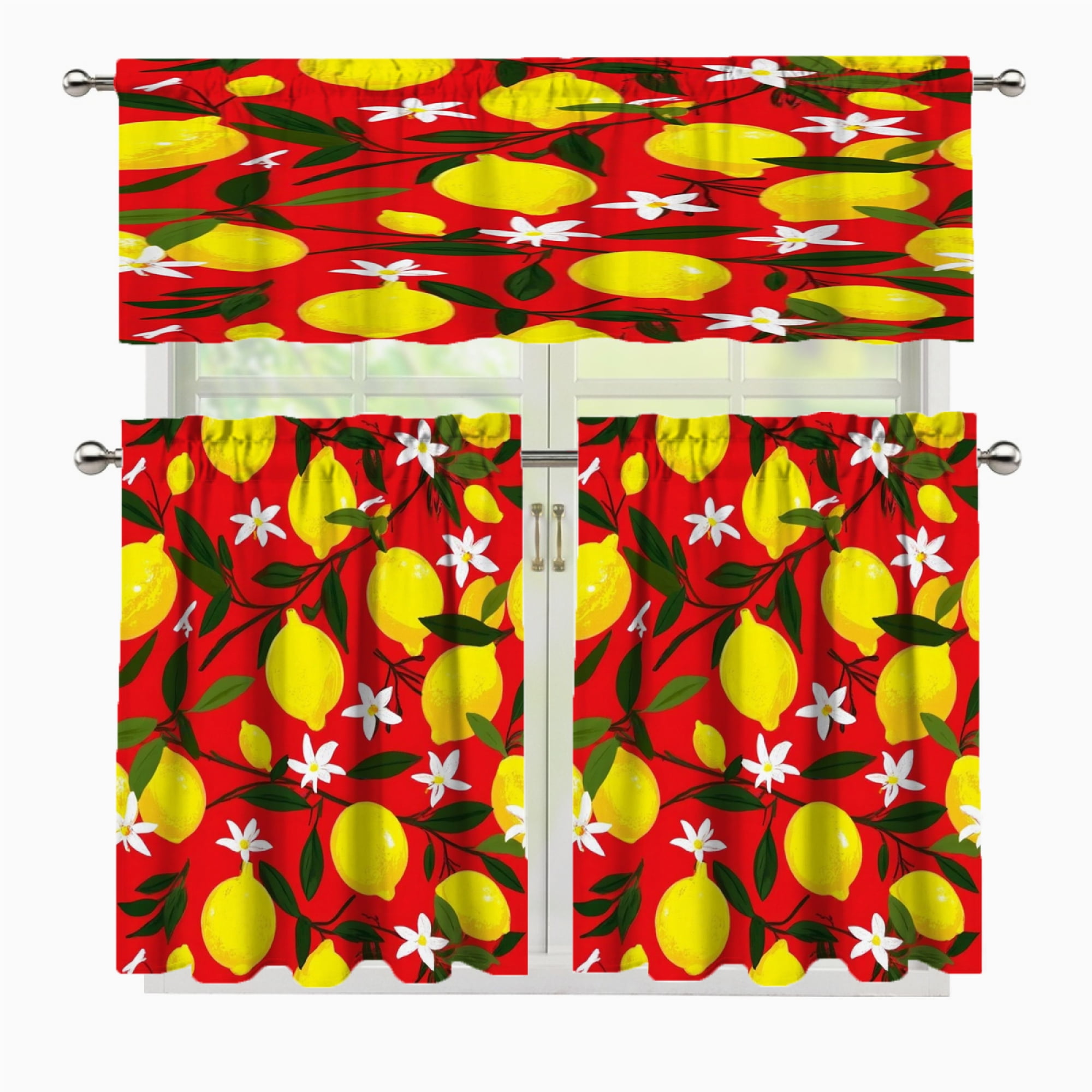 3 Pcs Kitchen Curtains Valance and Tiers Set Red background lemon ...