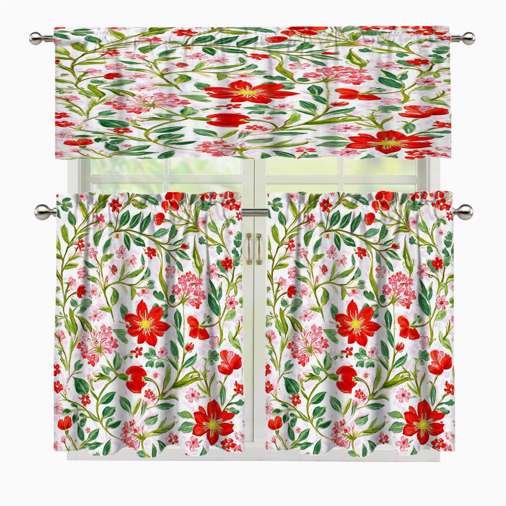 3 Pcs Kitchen Curtains Valance and Tiers Set Red floral white ...