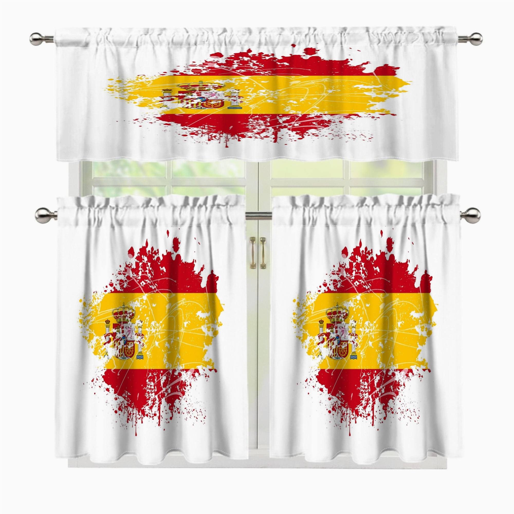 3 Pcs Kitchen Curtains Valance and Tiers Set Spanish flag For Cafe ...