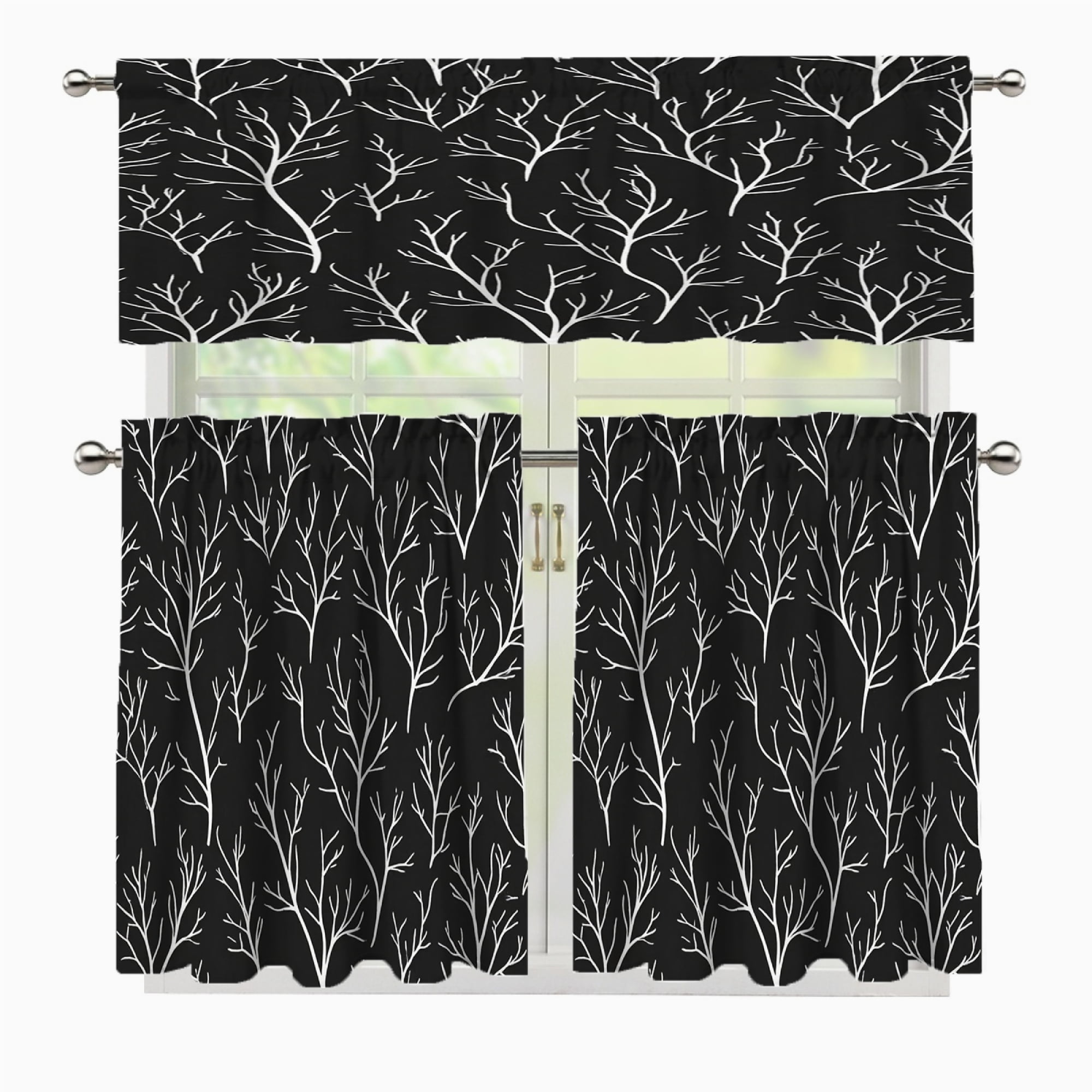 3 Pcs Kitchen Curtains Valance and Tiers Set White branches dark ...
