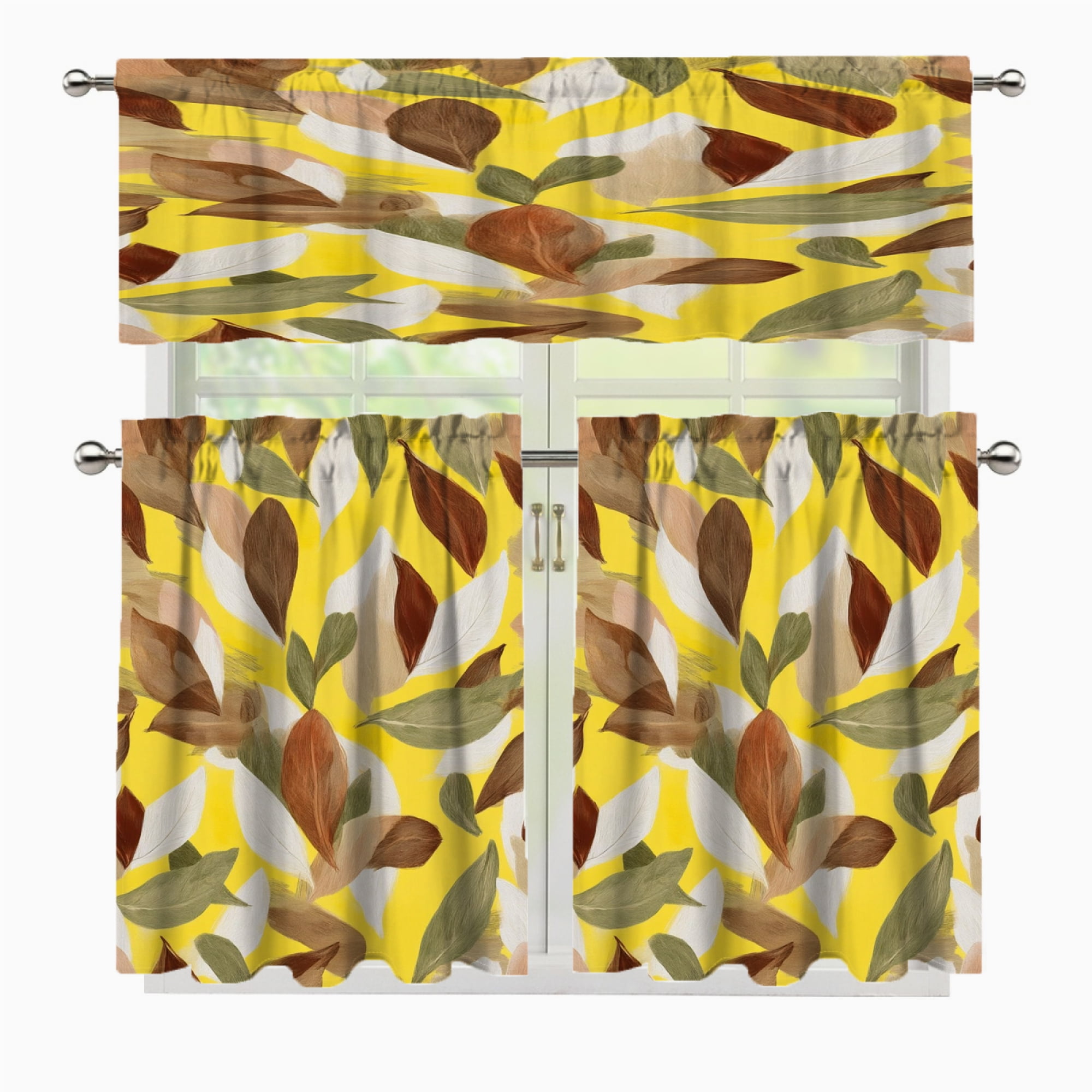 3 Pcs Kitchen Curtains Valance and Tiers Set Yellow background leaf ...