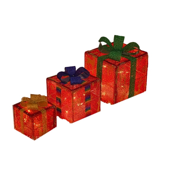 3 Pcs LED Warm Lights Present Box Ornaments Christmas Lighted Gift Boxes Holiday Glowing Decoration for Indoors Outdoors
